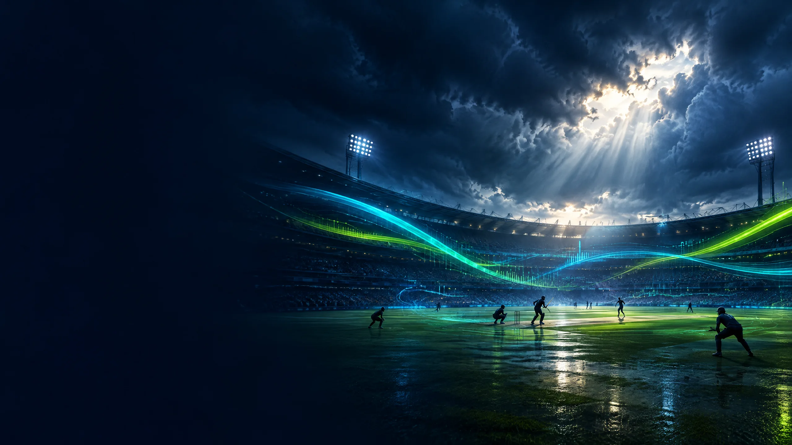 Cricket stadium under dramatic clouds with data-light trails